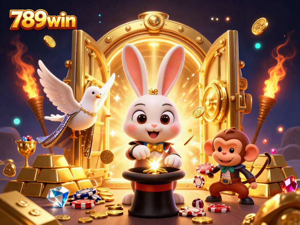 Experience the magic of 789win with a playful rabbit, coins, and poker chips in a vibrant casino scene.