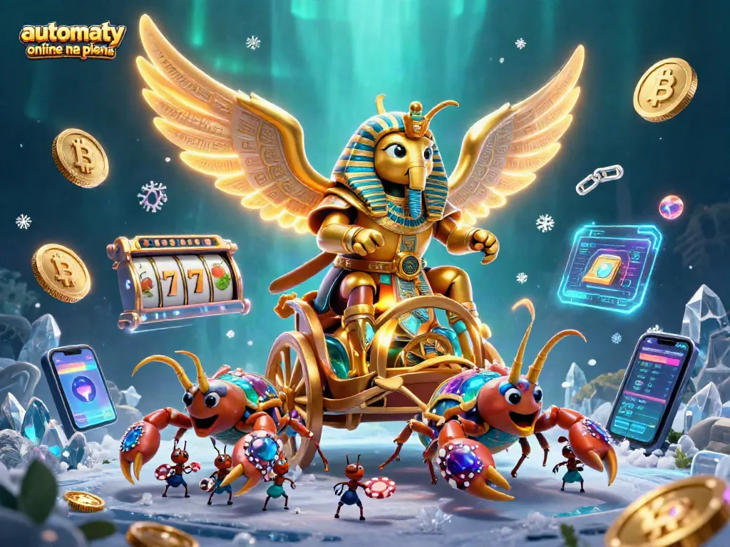 Experience the excitement of automaty online na pieniądze with a vibrant casino-themed illustration full of golden scarabs and crypto coins.