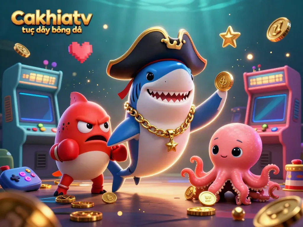 Cakhiatv trực tiếp bóng đá pirate shark, pufferfish, and octopus in a vibrant casino scene, showcasing dynamic betting elements.