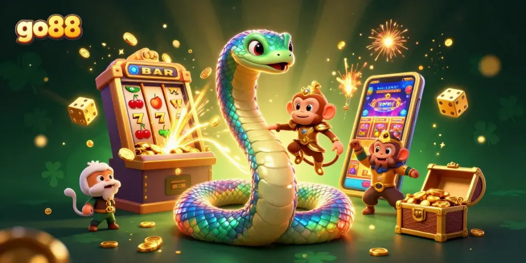 Engage with go88's vibrant casino scene featuring dynamic elements and colorful characters.