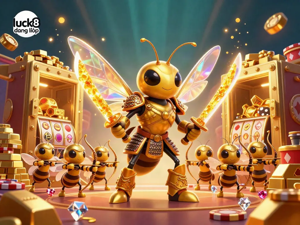Engage in luck8 đăng nhập with a dynamic scene of an adventurous hornet in a vibrant casino filled with treasures.