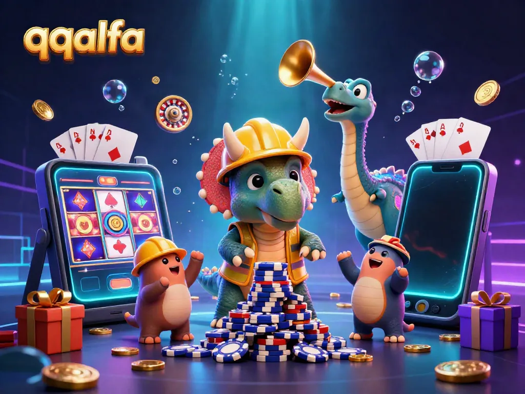 Permainan qqalfa ditampilkan melalui ilustrasi 3D dengan triceratops membangun piramida chip poker dan smartphone menunjukkan slot game.