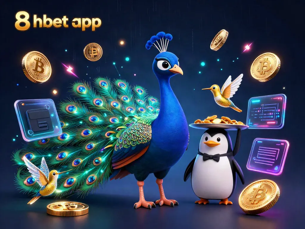Engage with the vibrant 8xbet app scene featuring a peacock, butler penguin, and golden hummingbird amidst crypto coins.