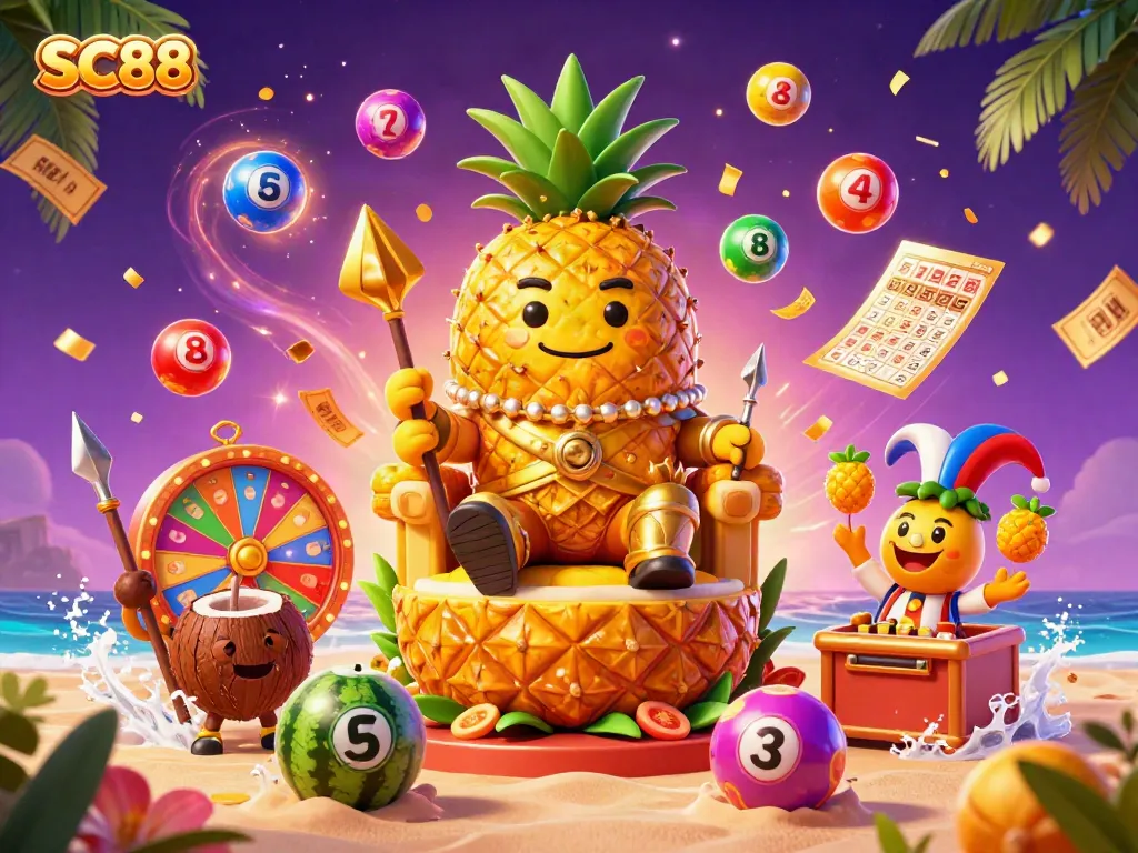Experience the excitement of SC88 with a golden pineapple king leading the gaming scene amidst vibrant lottery elements.