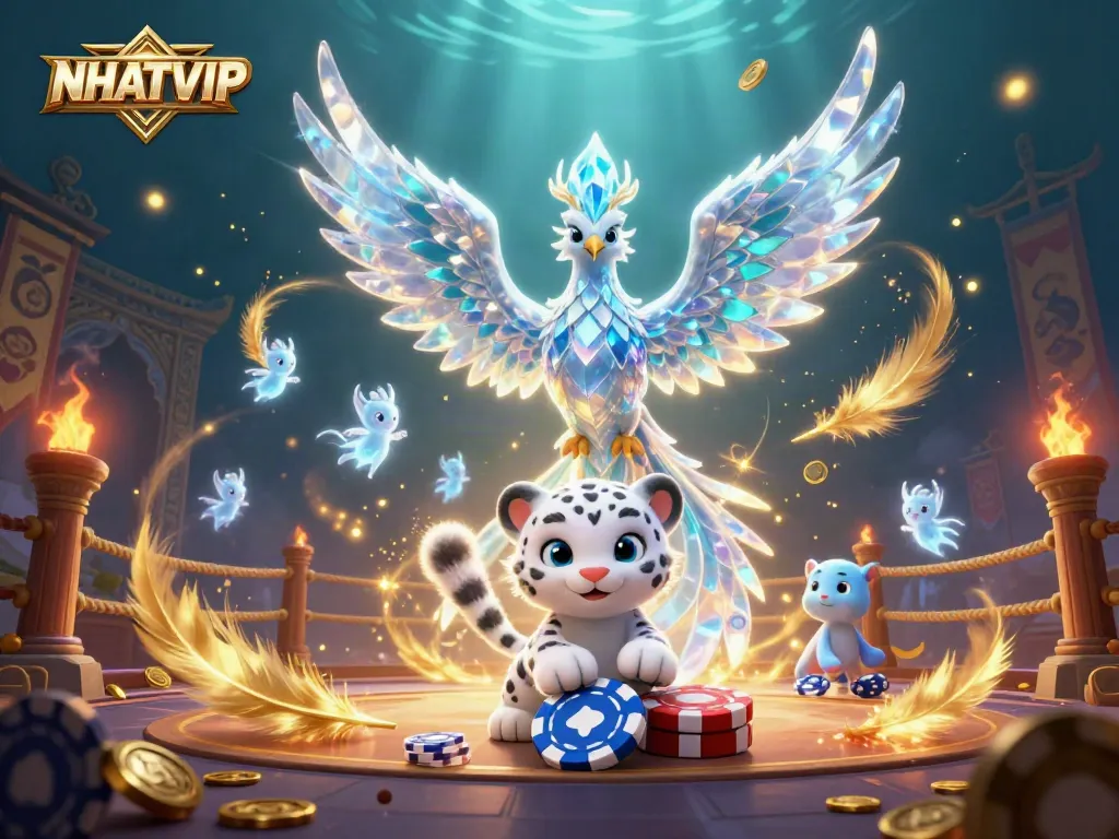 Engage in NHATVIP: a captivating illustration of an ice phoenix, snow leopard, and sprites in a dynamic casino scene.