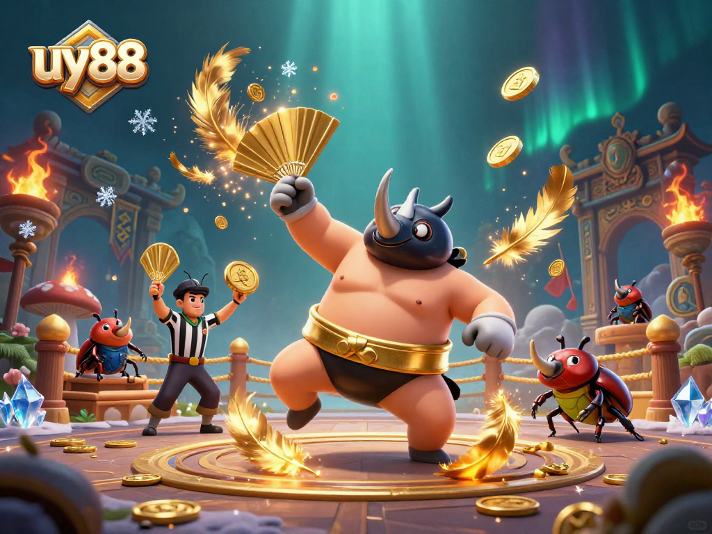 uy88 features a sumo champion beetle amidst flying coins in an exciting online casino scene.