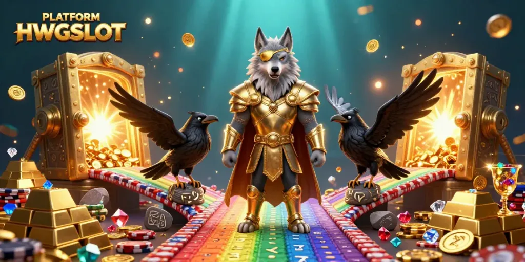A captivating 3D illustration of PLATFORM HWGSLOT characters amid a casino-themed treasure scene filled with gold and gems.