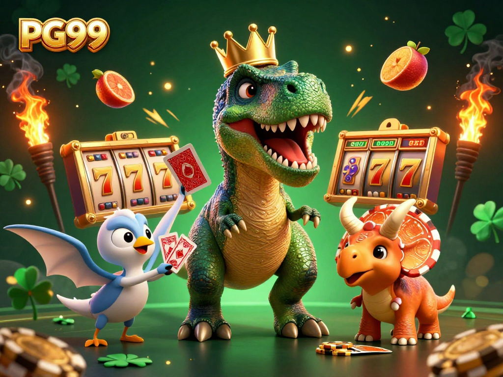PG99 invites players to enjoy a vibrant slot game scene with fun dinosaur characters.
