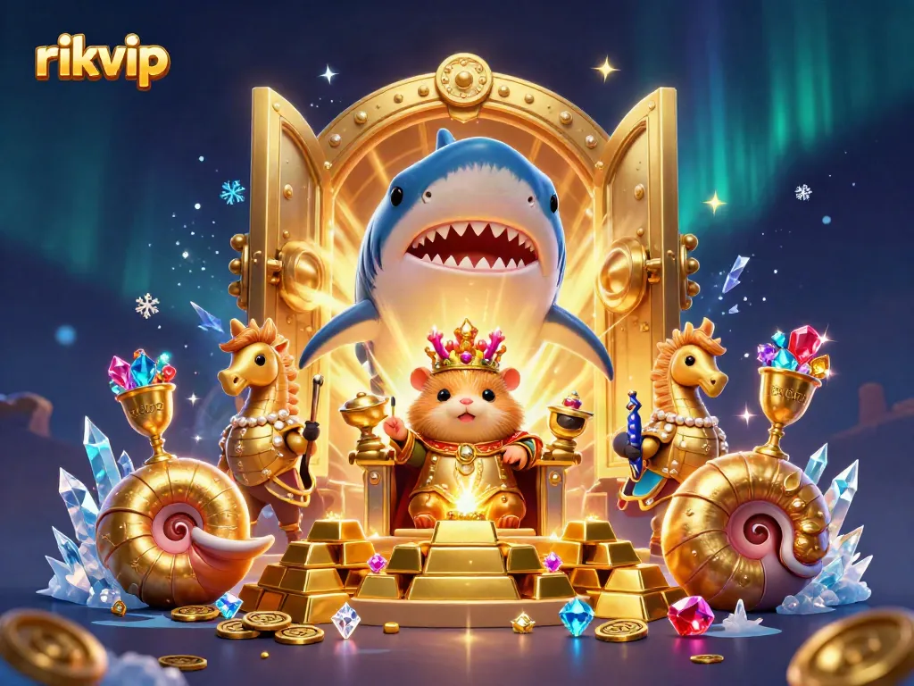 Experience the thrill at rikvip with a golden hamster king surrounded by treasures and royal guards in a vibrant 3D scene.