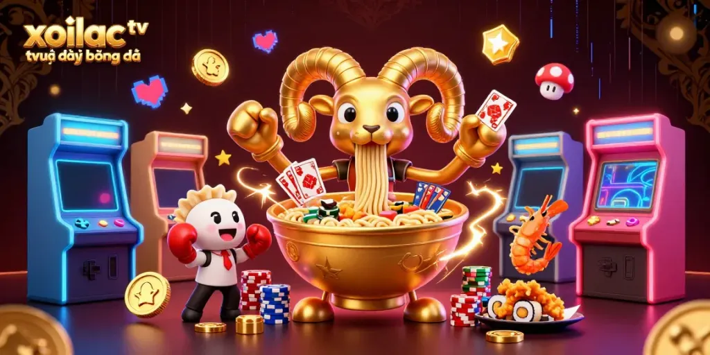 Xoilac tv trực tiếp bóng đá showcases a vibrant 3D casino illustration featuring animated food characters like a ramen bowl dealing cards.