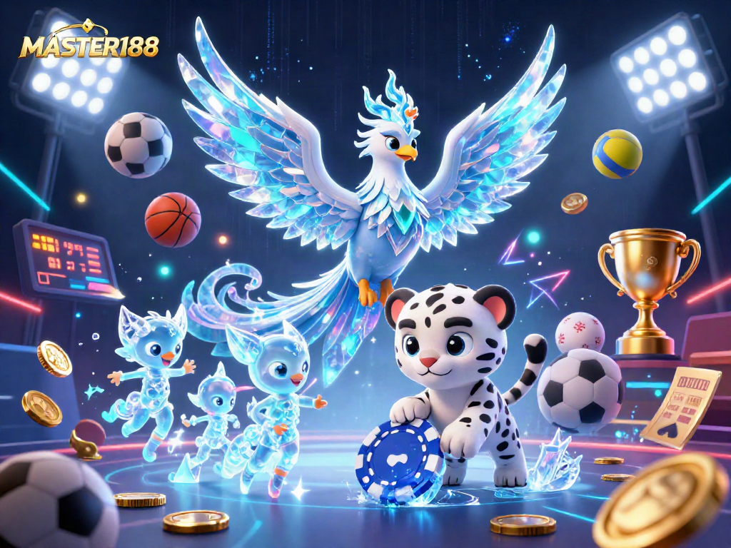 Engage in stunning gameplay at MASTER188 with a vibrant 3D casino illustration showcasing energetic interactions.