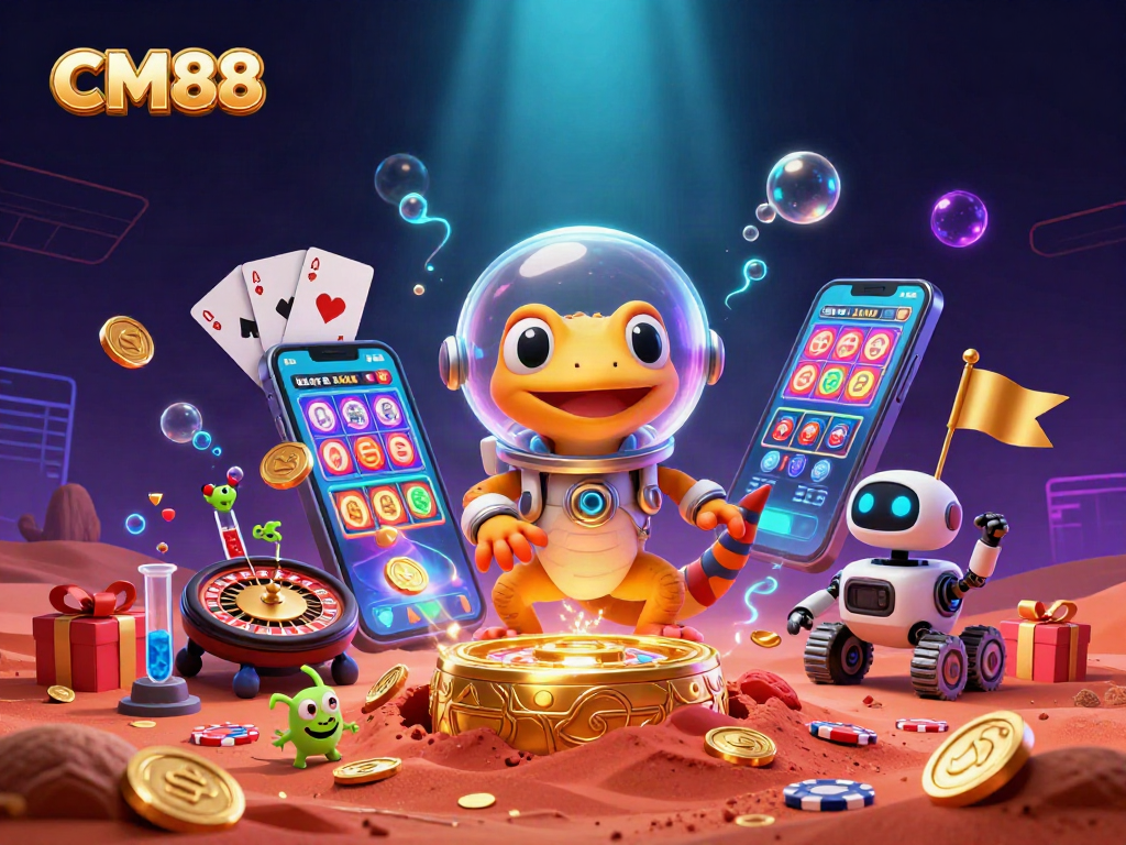 CM88 showcases a Martian gecko discovering a golden casino with exciting slot games.