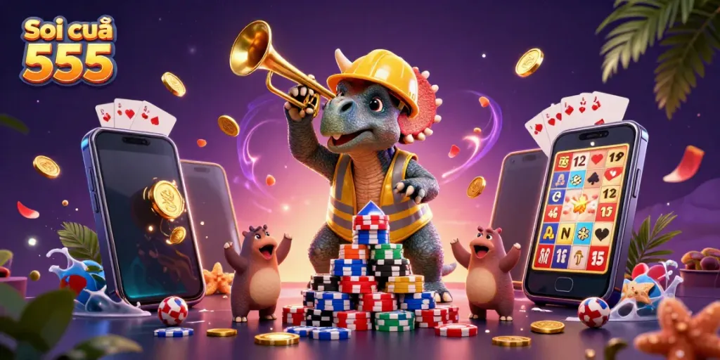 Soi cầu 555 showcases a colorful array of lottery elements as a triceratops builds a poker chip pyramid.