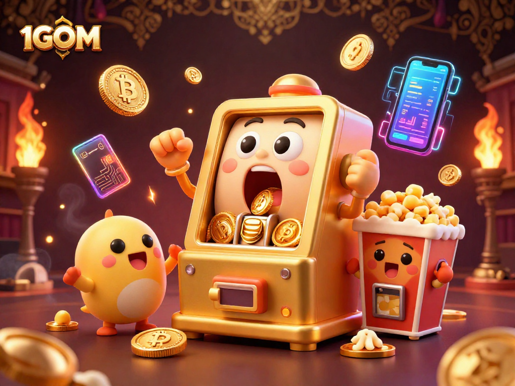 1GOM slot machine hits jackpot, surrounded by cheering mini slots and coins.