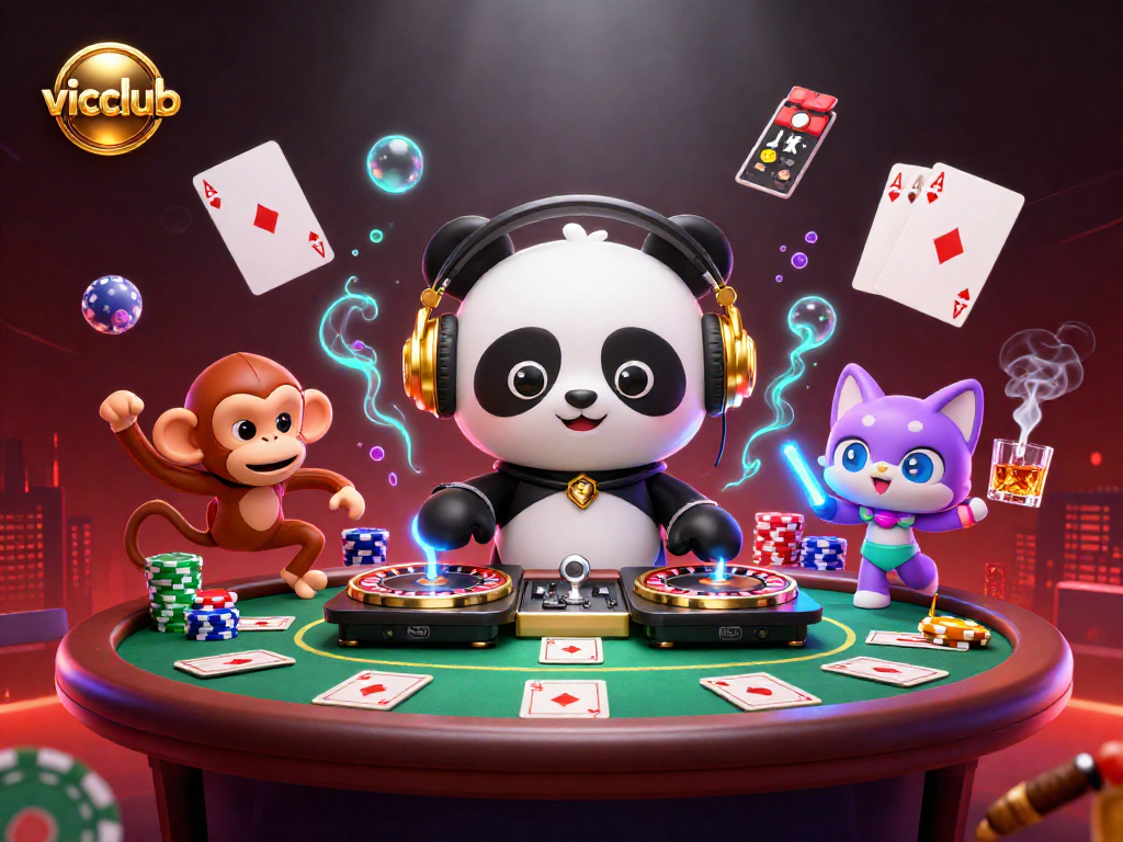 Engage in exciting games at Vicclub with lively characters and vibrant casino elements.