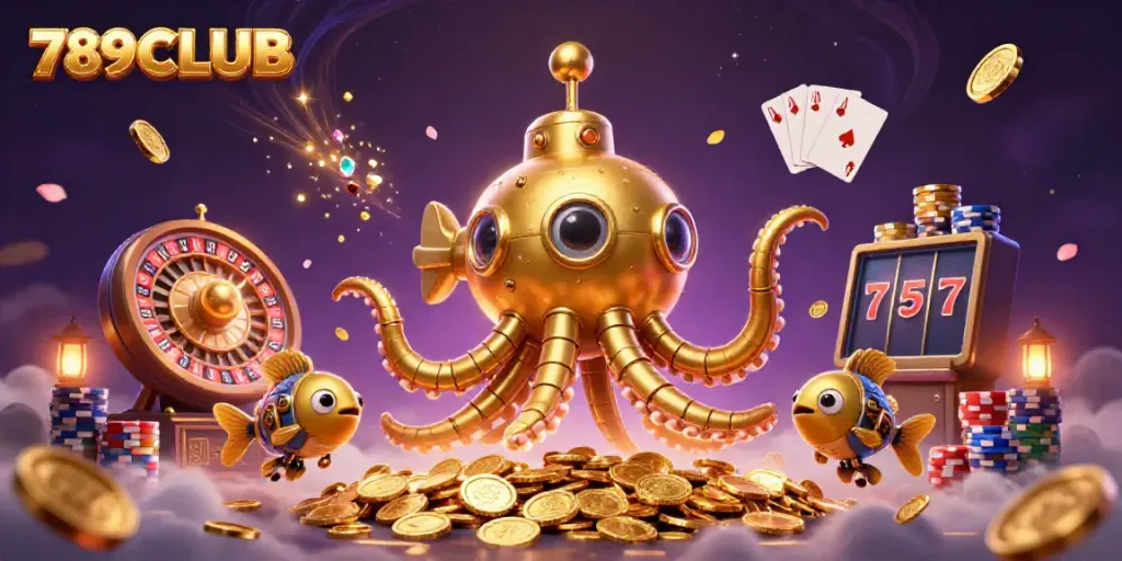 Engage with the exciting world of 789CLUB featuring thrilling games, golden coins, and a vibrant 3D kraken submarine.