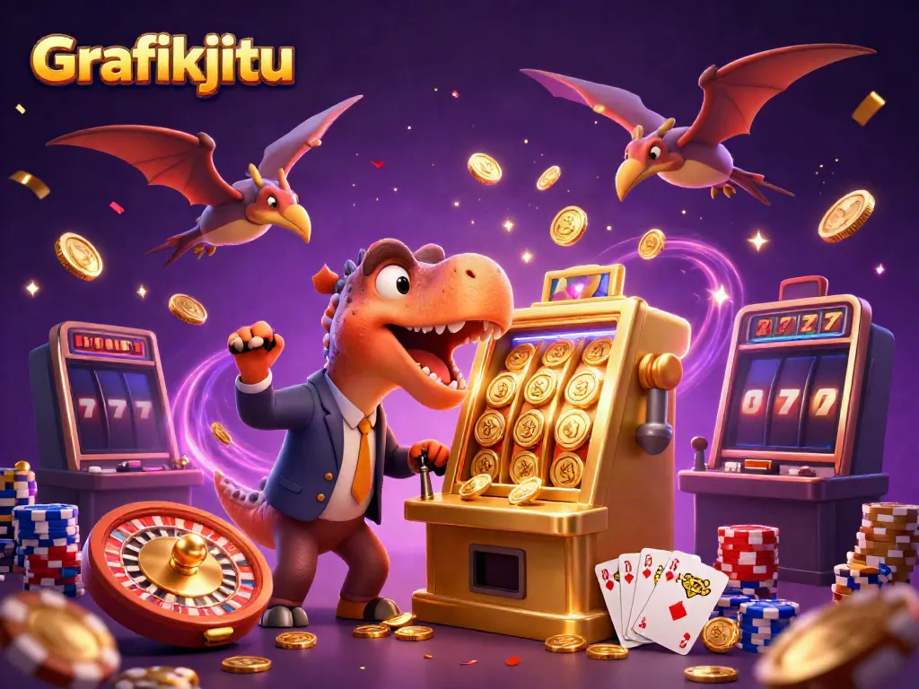 Experience excitement at Grafikjitu as a cartoon dinosaur celebrates a jackpot win at a slot machine.