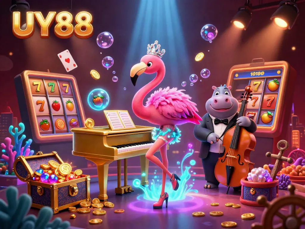 Experience vibrant online casino excitement with UY88's animated flamingo and hippo performers.
