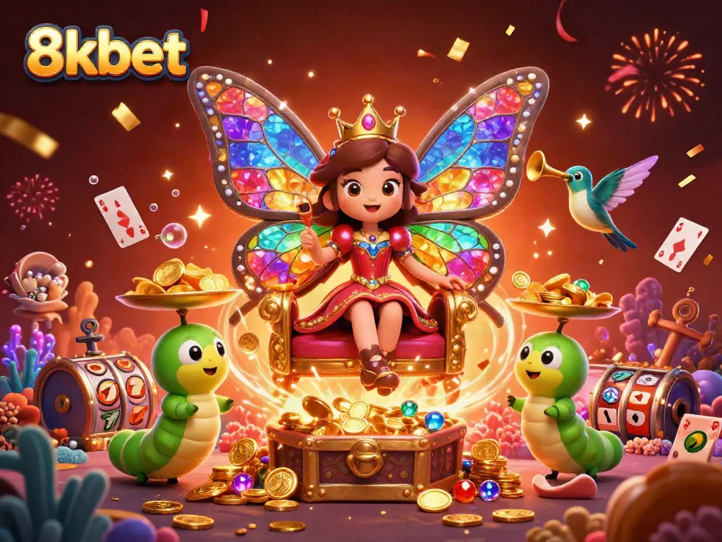 Experience the excitement at 8kbet with a vibrant 3D illustration of a butterfly queen amidst a treasure-filled casino adventure.