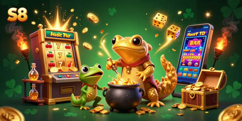 Engage with S8's thrilling gaming world of jackpots, gold coins, and animated characters.