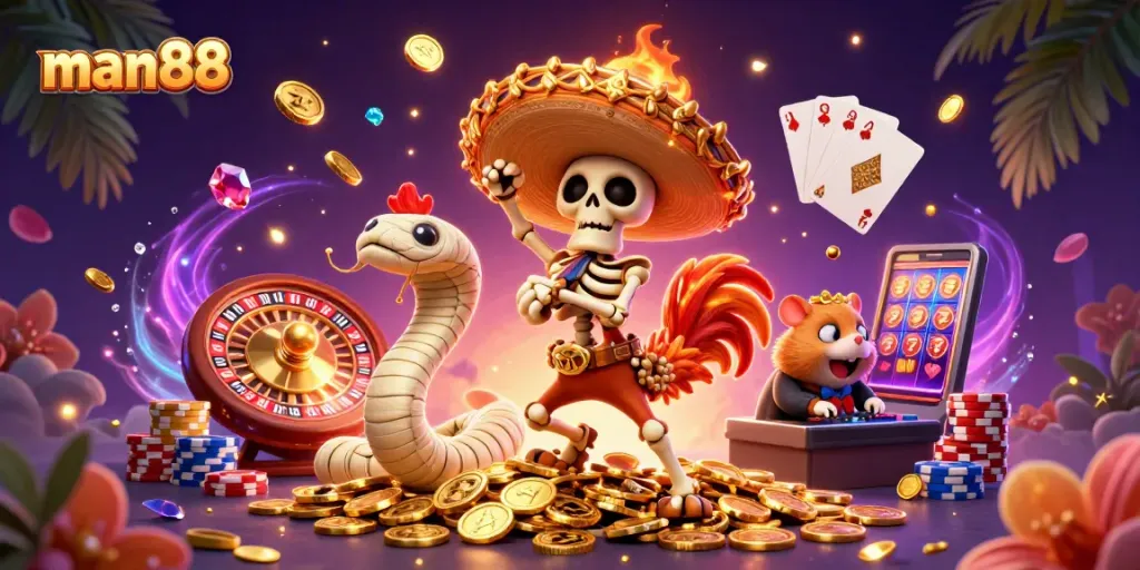 man88 features an exciting scene with a dancing mariachi rooster, mummy snake, and DJ hamster in a vibrant casino setting.