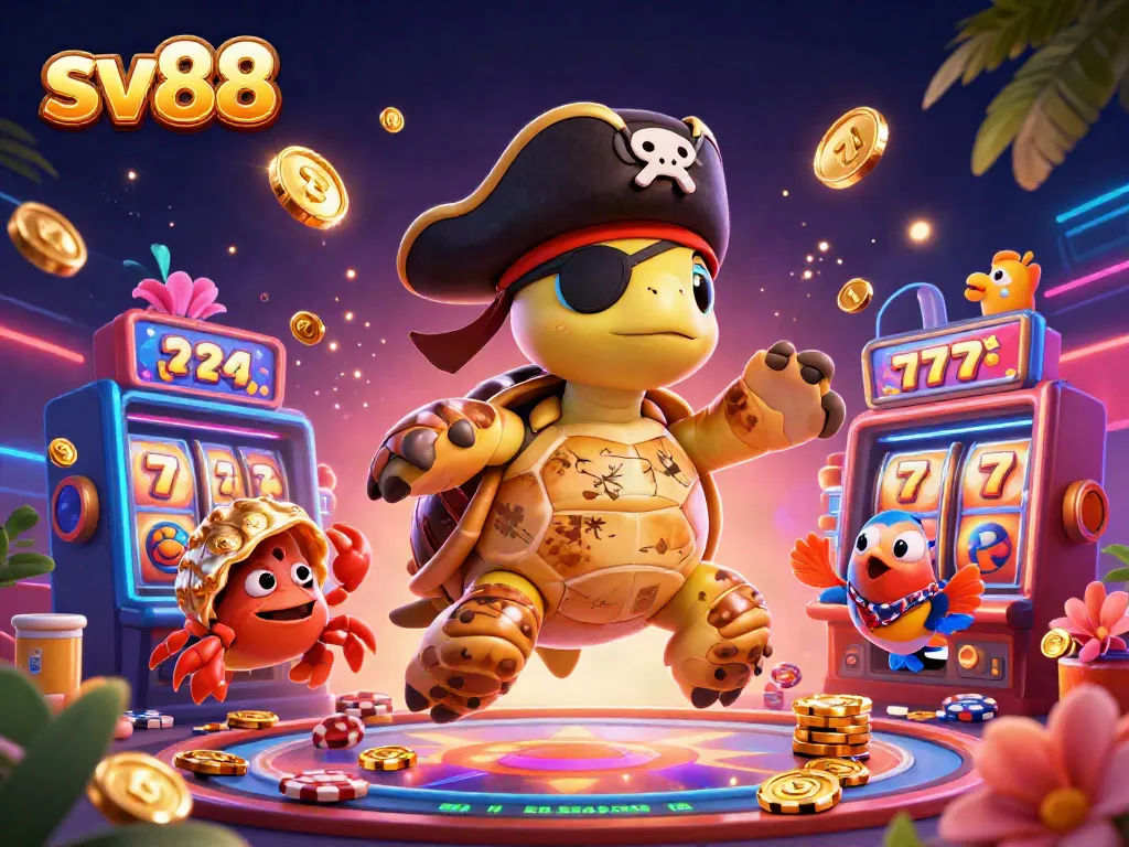 Experience casino excitement with sv88 featuring a pirate turtle, golden crab, and vibrant gaming elements.