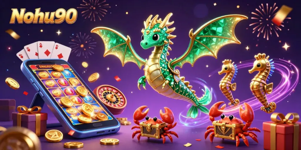 Nohu90 generates excitement with a sea dragon, treasure, and vibrant casino elements in a dazzling online gaming scene.