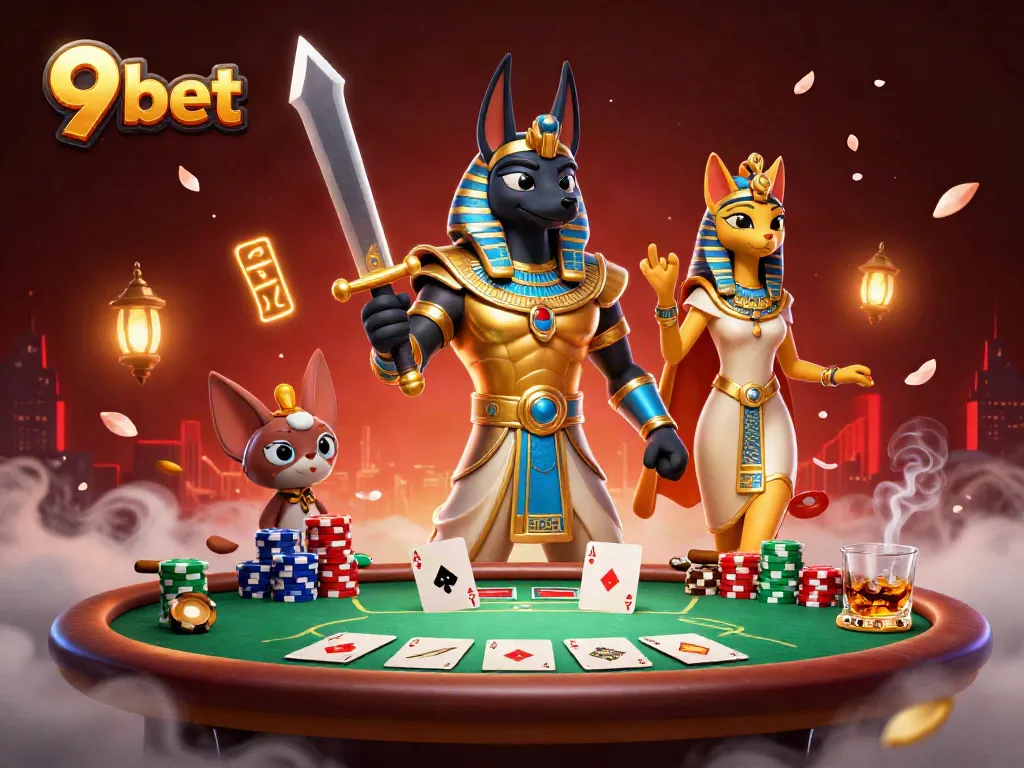 Engage with the vibrant world of 9 bet, featuring Anubis and Bastet amidst a thrilling poker scene.