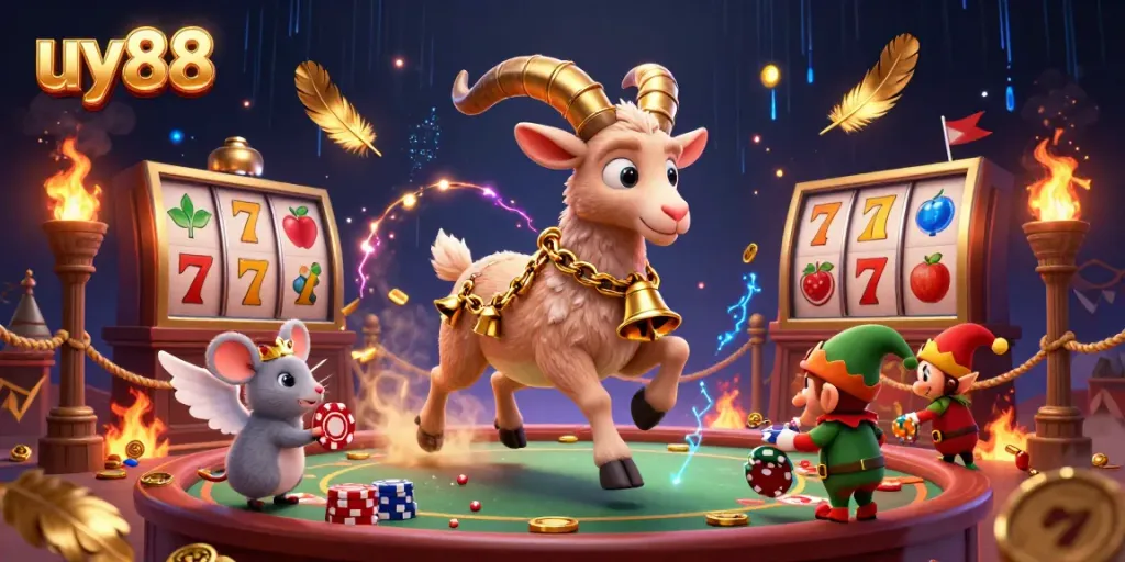 Krampus goat manages a festive casino scene with angel mouse and elf gremlins amid gambling chaos at uy88.
