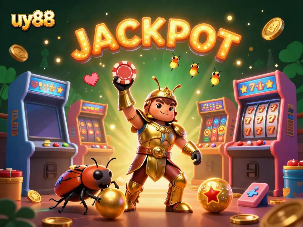 Engage with uy88 in a vibrant 3D scene showcasing a hercules beetle winning a jackpot in a casino.