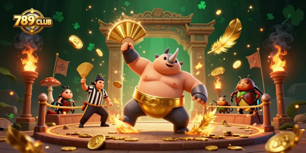 Experience thrilling gameplay at 789CLUB with a powerful beetle champion amidst stunning casino elements.