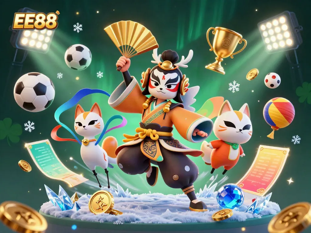 Engage with EE88 in a dynamic casino scene featuring a kabuki warrior and sports elements.