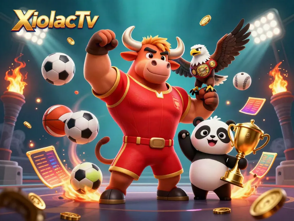 XoilacTv showcases excitement with a cartoon bull mascot in victory, sports balls, and a sleek betting theme
