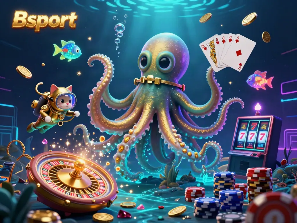 Experience thrilling gameplay with Bsport in this dynamic 3D casino illustration featuring a kraken, diving cat, and vibrant game elements.