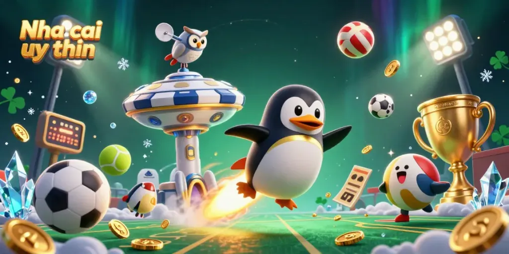 Nha cai uy tin brings gamblers excitement through a 3D illustration of a golden penguin reaching a casino while surrounded by dynamic sports elements.