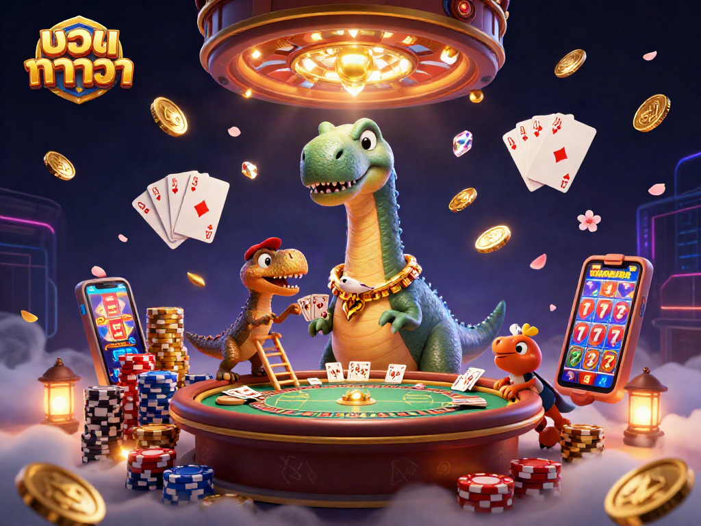 Engage in แทงบาคาร่า with vibrant casino scene featuring a playful brontosaurus and raptor dealer.