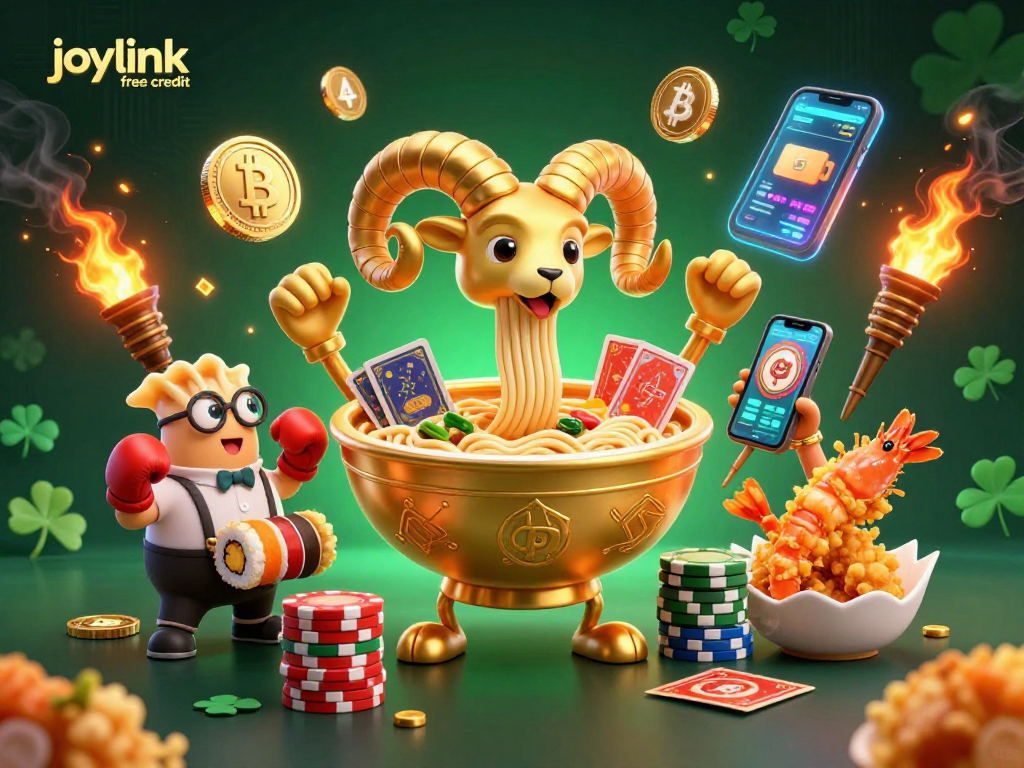 Engage with joylink free credit in this vibrant casino-themed illustration featuring unique characters.