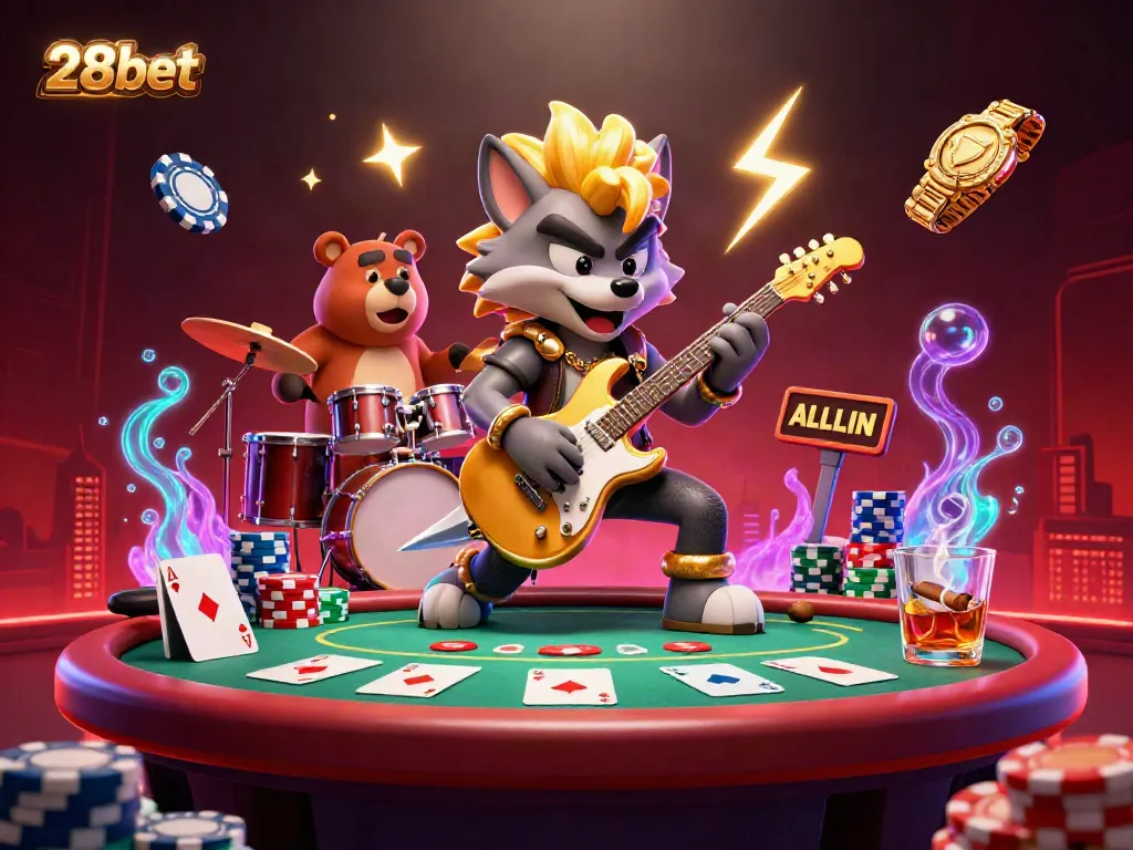 Experience thrilling action with 28bet at a vibrant casino stage featuring a rock star wolf and dynamic game elements.