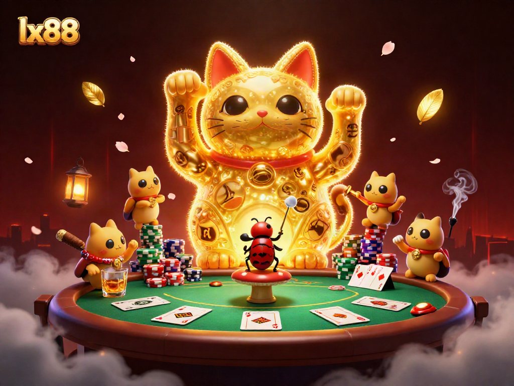 Experience the vibrant world of lx88 with a stunning illustration of a lucky cat amidst rich casino elements.