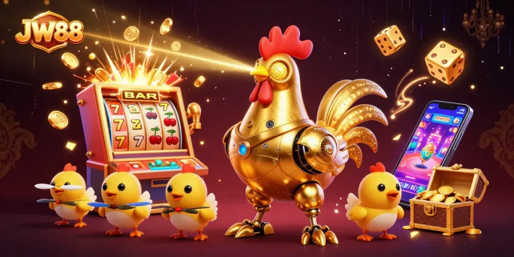 Engage in thrilling casino adventures at JW88 with a vibrant 3D illustration showcasing dynamic gameplay elements.