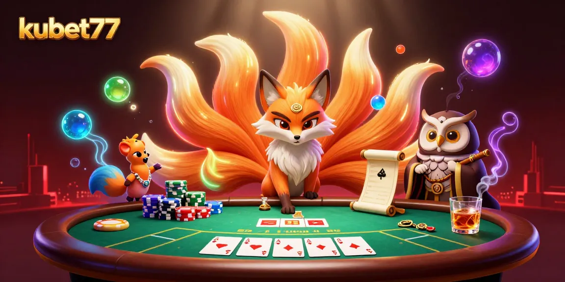 Experience the excitement of kubet77 with a vibrant poker scene featuring a fox spirit and owl sage.