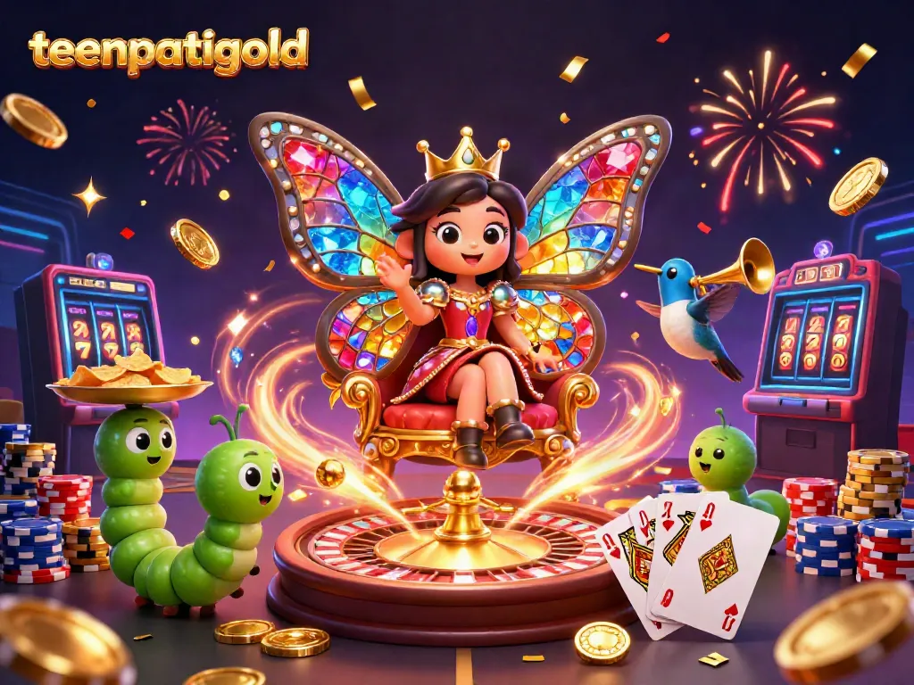 Engage in thrilling gameplay with teenpatiigold, showcased by the butterfly queen and abundant casino elements.