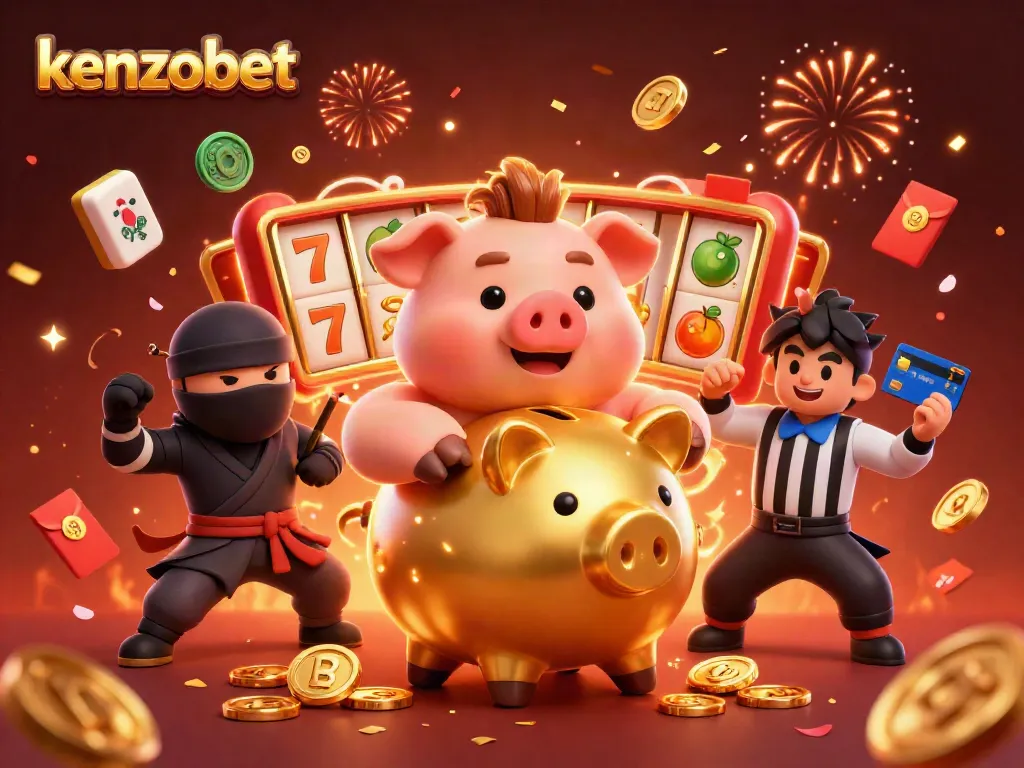 Experience the excitement of kenzobet with a dynamic 3D illustration featuring a playful golden piggy bank, ninja, and referee surrounded by casino elements.