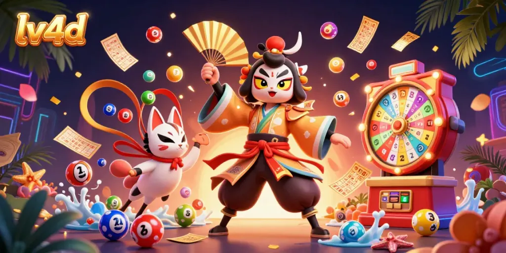 Experience a vibrant scene with lv4d characters amidst colorful lottery elements, perfect for online gaming.