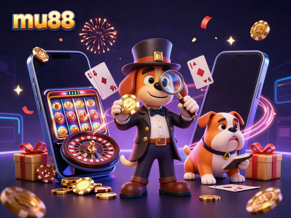 Detective bloodhound explores a golden poker chip clue at mu88 casino with a bulldog companion.