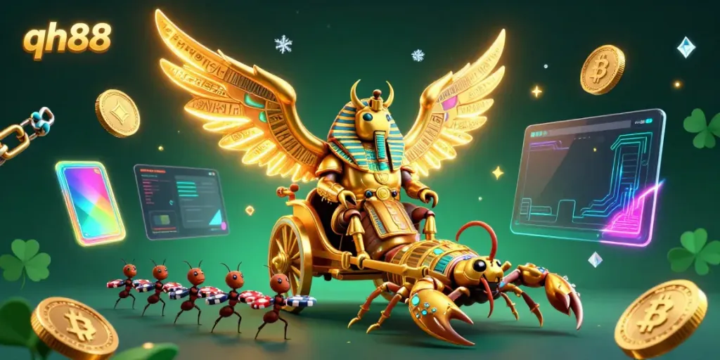 Engage with exhilarating games at qh88, illustrated by a vibrant 3D scene featuring unique characters and crypto elements.