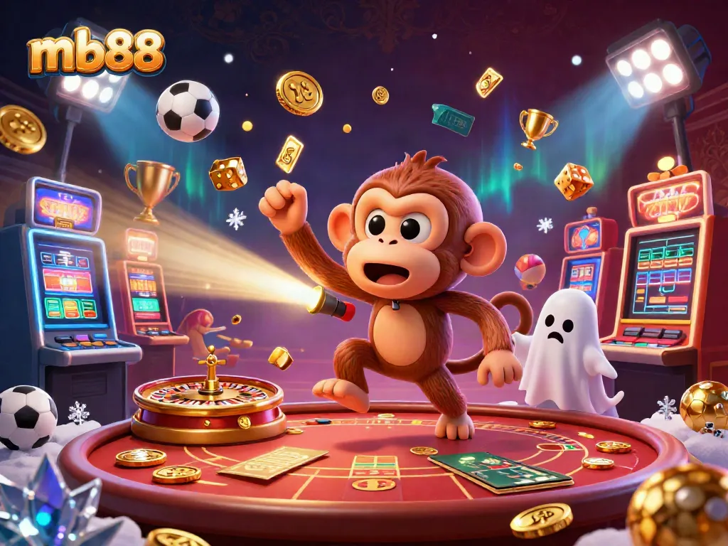 Engage with the thrilling world of mb88 as a mischievous monkey juggles golden casino tokens amidst lively gaming action.