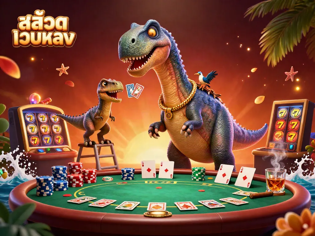 Experience excitement and rewards with สล็อตเว็บตรง as a giant brontosaurus oversees a dynamic casino scene.