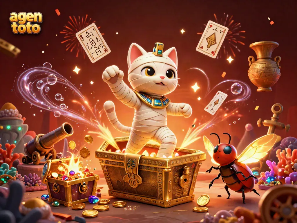Berl taruhan agen toto dengan kucing mummy 3D mencolok, menghadirkan suasana kasino piramida yang meriah.