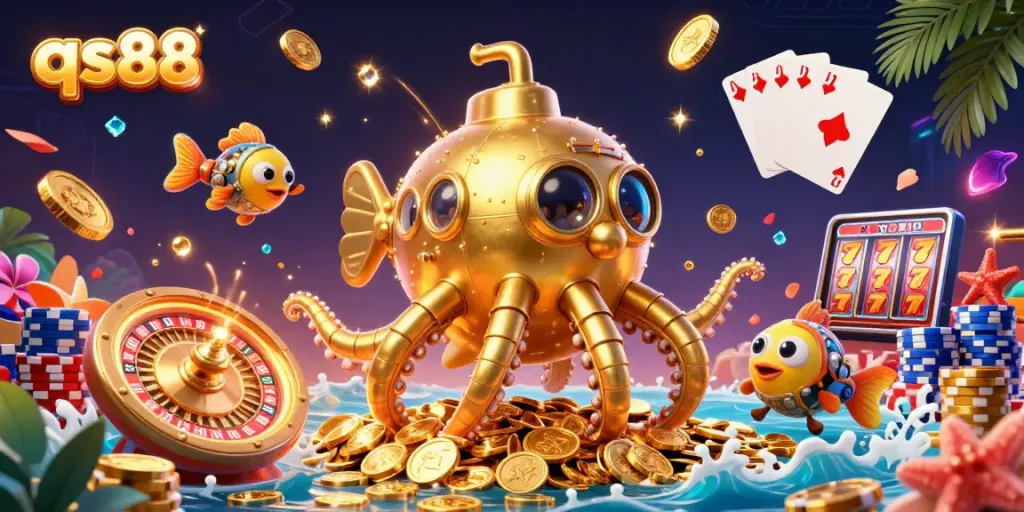 Experience the thrilling world of qs88 with a dynamic 3D casino scene featuring a golden kraken submarine and stunning gameplay elements.
